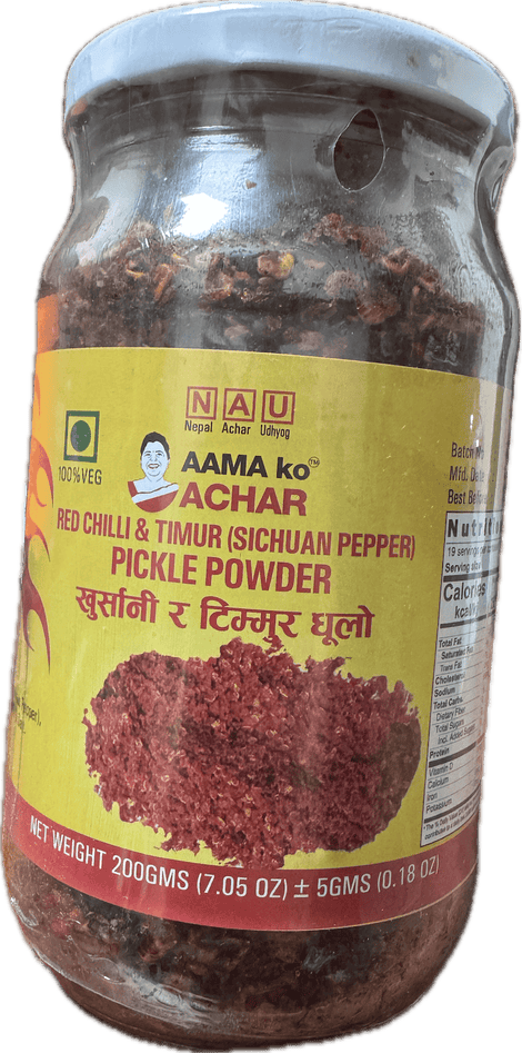 A bottle of Red Chilli and Timur Pickle Powder from Aama ko Achar of 200g