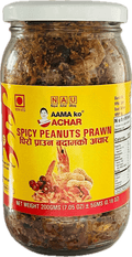 A glass bottle of Spicy Peanuts Prawn from Aama ko Achar of 200g