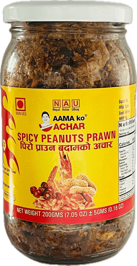 A glass bottle of Spicy Peanuts Prawn from Aama ko Achar of 200g