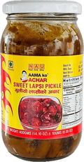 A glass bottle of Sweet Lapsi Pickle from Aama ko Achar of 400g
