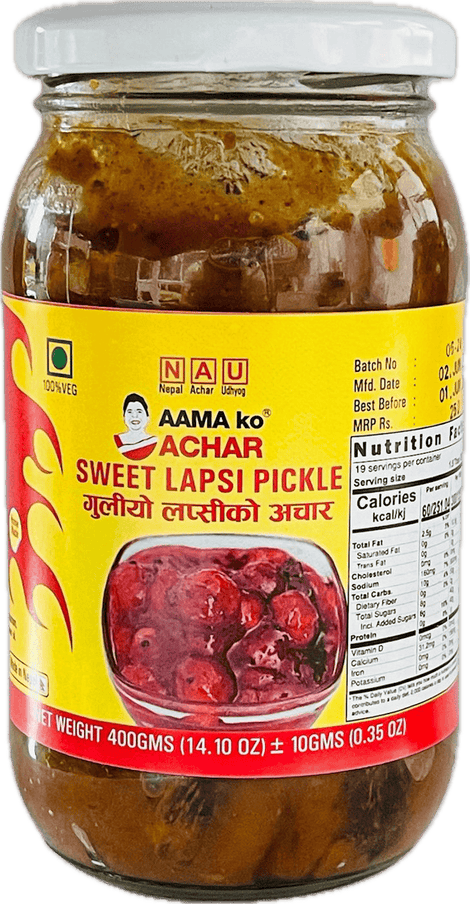 A glass bottle of Sweet Lapsi Pickle from Aama ko Achar of 400g