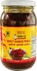 A glass bottle of Sweet Mango Pickle from Aama ko Achar of 450g