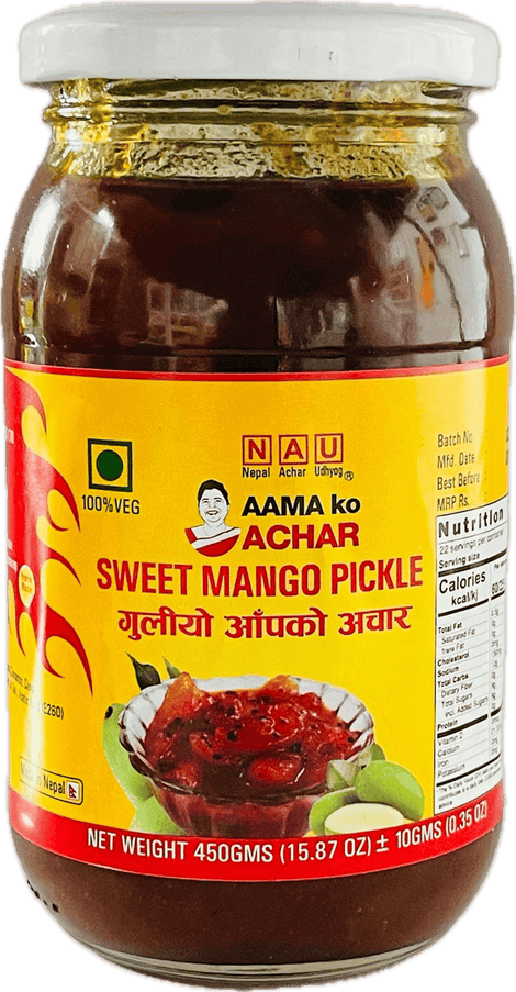 A glass bottle of Sweet Mango Pickle from Aama ko Achar of 450g