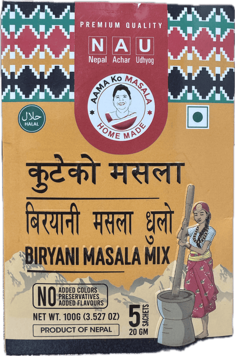 A packet of Biryani Masala Mix from Aama ko Masala of 100g