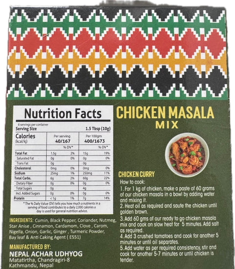 A packet of Chicken Masala Mix from Aama ko Masala of 60g with nutrition facts