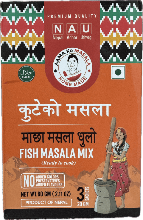 A packet of Fish Masala Mix from Aama ko Masala of 60g