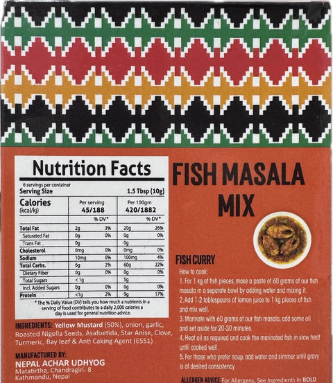 A packet of Fish Masala Mix from Aama ko Masala of 60g with nutrition facts