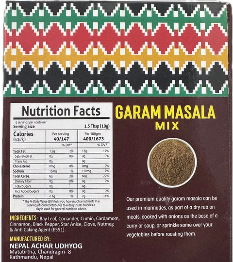 A packet of Garam Masala Mix from Aama ko Masala of 60g with nutrition facts