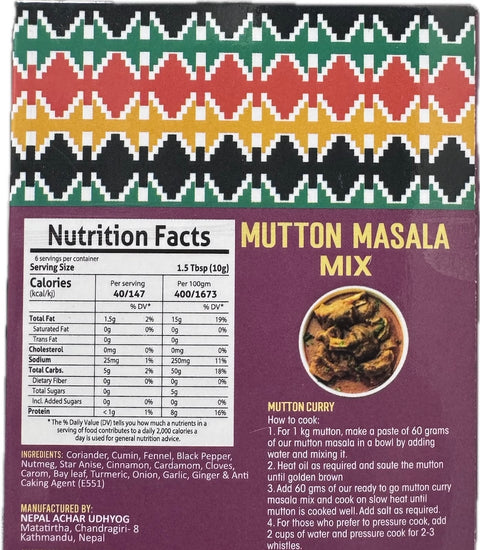 A packet of Mutton Masala Mix from Aama ko Masala of 60g with nutrition facts