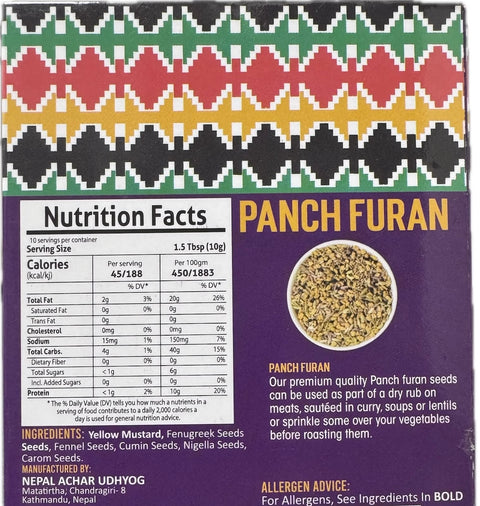 A packet of Panch Furan from Aama ko Masala of 100g with nutrition facts