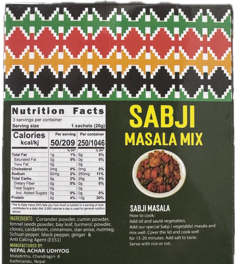 A packet of Sabji Masala Mix from Aama ko Masala of 100g with nutrition facts