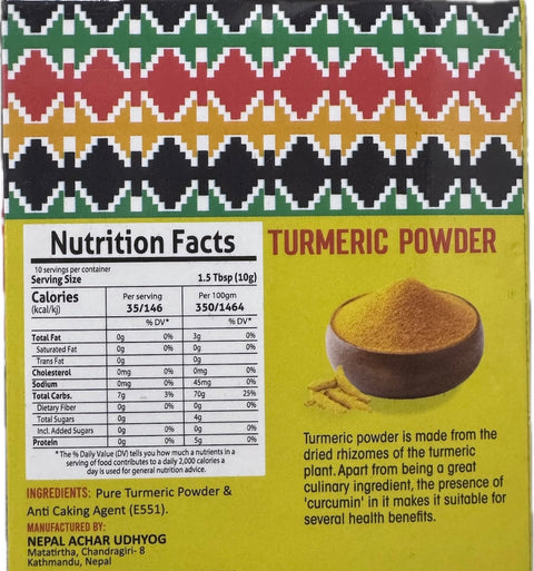 A packet of Turmeric Powder from Aama ko Masala of 100g with nutrition facts