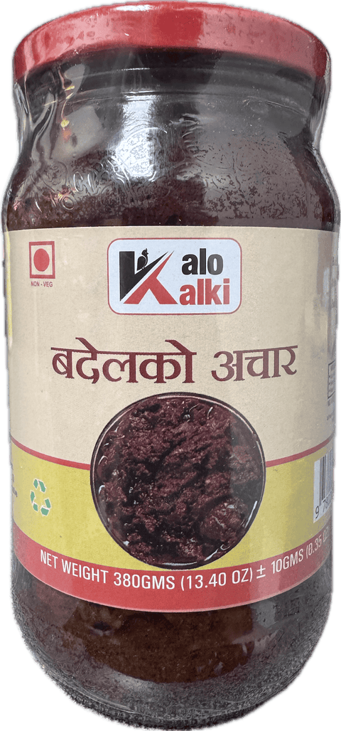 A glass bottle showing Badel Achar (Wild Boar Pickle) from Kalo Kalki of 380g