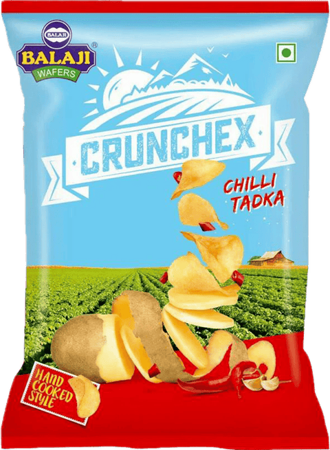 A packet of Crunchex Chilli Tadka Wafers from Balaji of 135g