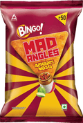 A packet of Achaari Masti Mad Angles Chips from Bingo of 20g