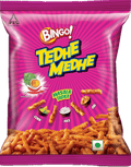 A packet of Masala Tadka Tedhe Medhe from Bingo of 20g