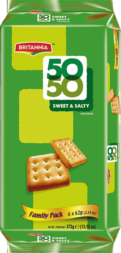 A packet of 50 50 Sweet & Salty from Britannia of 372g