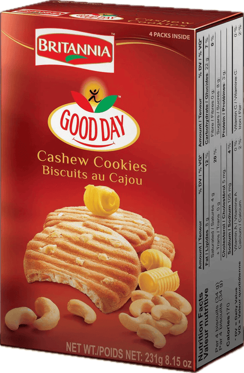 A packet of Good Day Cashew Cookies from Britannia of 231g
