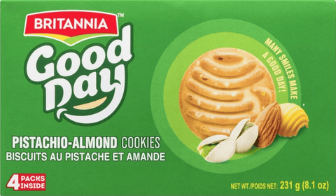 A packet of Good Day Pistachio Almond Cookies from Britannia of 231g