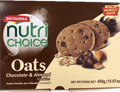 A packet of Nutri Choice Oats Chocolate & Almond Cookies from Britannia of 450g