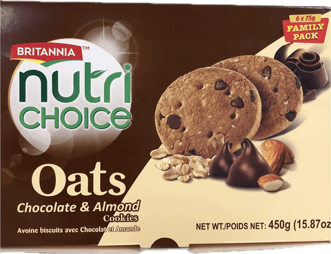 A packet of Nutri Choice Oats Chocolate & Almond Cookies from Britannia of 450g