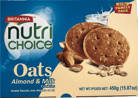 A packet of Nutri Choice Oats Almond & Milk Cookies from Britannia of 450g
