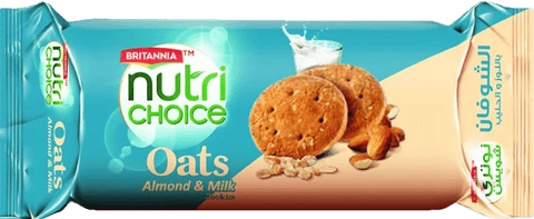 A packet of Nutri Choice Oats Almond & Milk Cookies from Britannia of 75g
