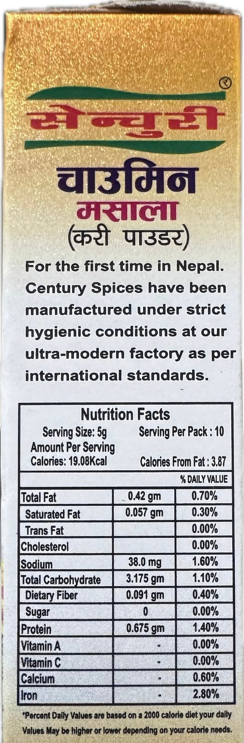 A packet of Chowmein Masala from Century of 50g with nutrition facts