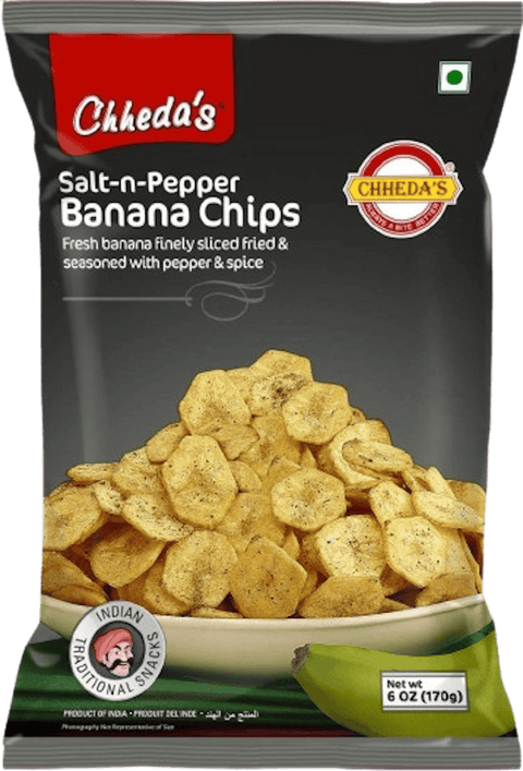 A packet of Salt n Pepper Banana Chips from Chheda's of 170g