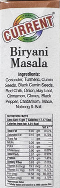 A packet of Biryani Masala from Current of 50g with nutrition facts