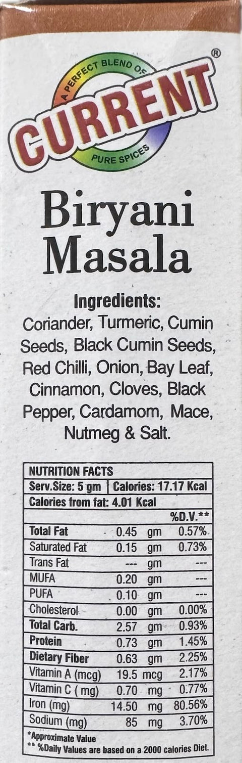 A packet of Biryani Masala from Current of 50g with nutrition facts