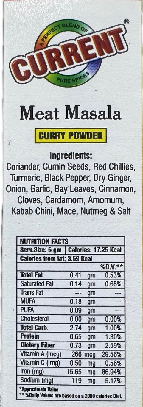 A packet of Meat Masala from Current of 50g with nutrition facts