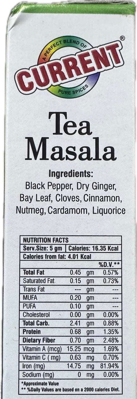 A packet of Tea Masala from Current of 50g with nutrition facts