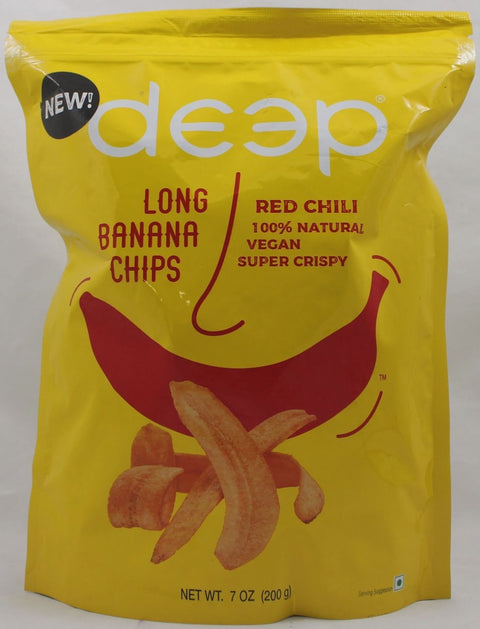 A packet of Red Chili Long Banana Chips from Deep of 200g