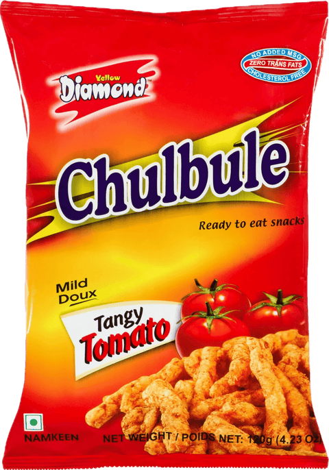 A packet of Tangy Tomato Chulbule Chips from Yellow Diamond of 120g
