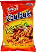 A packet of Teekha Tadka Chulbule Chips from Yellow Diamond of 120g