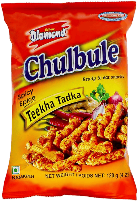 A packet of Teekha Tadka Chulbule Chips from Yellow Diamond of 120g