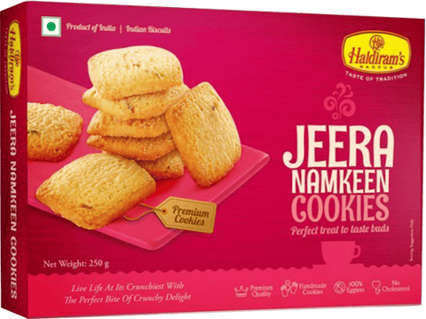 A packet of Jeera Namkeen Premium Cookies from Haldirams of 250g