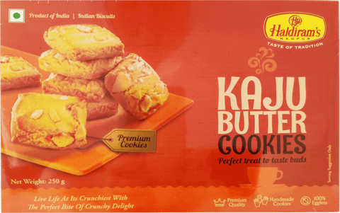A packet of Kaju Butter Premium Cookies from Haldirams of 250g