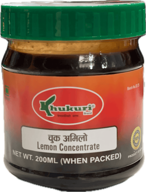 A small plastic bottle of Lemon Concentrate (Amilo Chuk) from Khukuri of 200ml