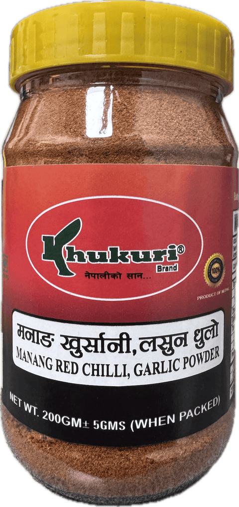 A plastic bottle of Manang Red Chilli, Garlic Powder from Khukuri of 200g