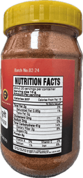 A plastic bottle of Manang Red Chilli, Garlic Powder from Khukuri of 200g with nutrition facts