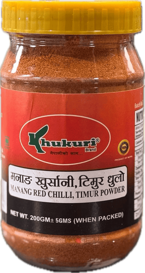 A plastic bottle of Manang Red Chilli, Timur Powder from Khukuri of 200g
