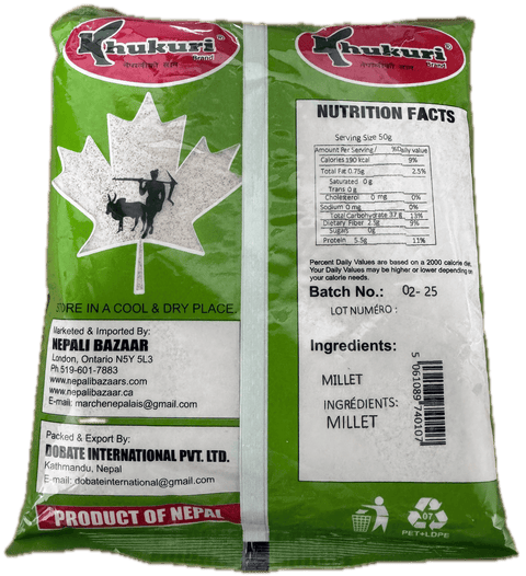 A packet of Millet Flour from Khukuri of 2lbs showing nutrition facts