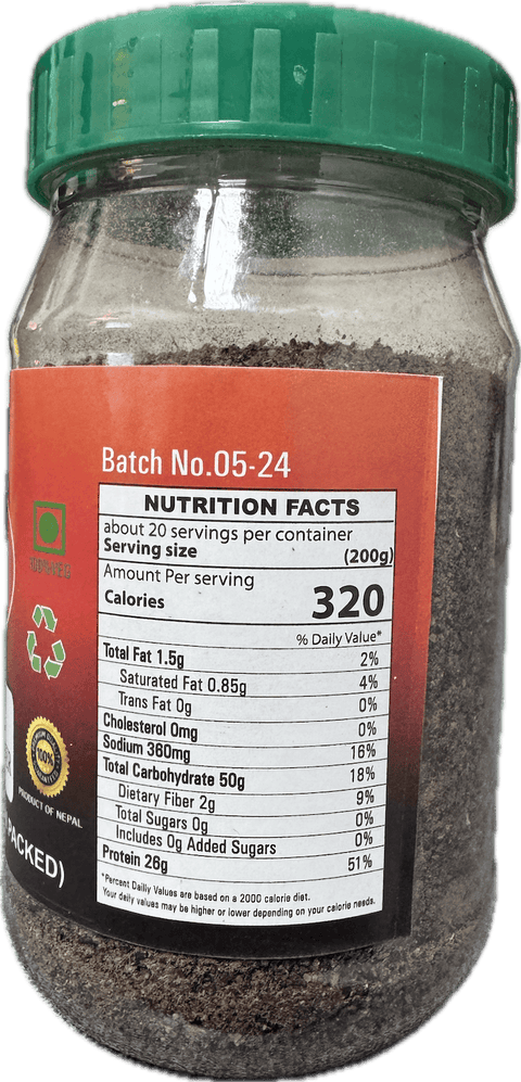 A plastic bottle of Nepalese Hog Plum Powder from Khukuri of 200g with nutrition facts