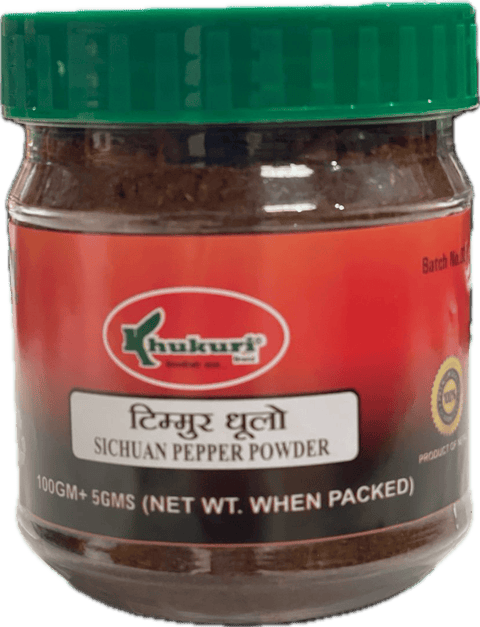 A small plastic bottle of Sichuan Pepper Powder from Khukuri of 100g