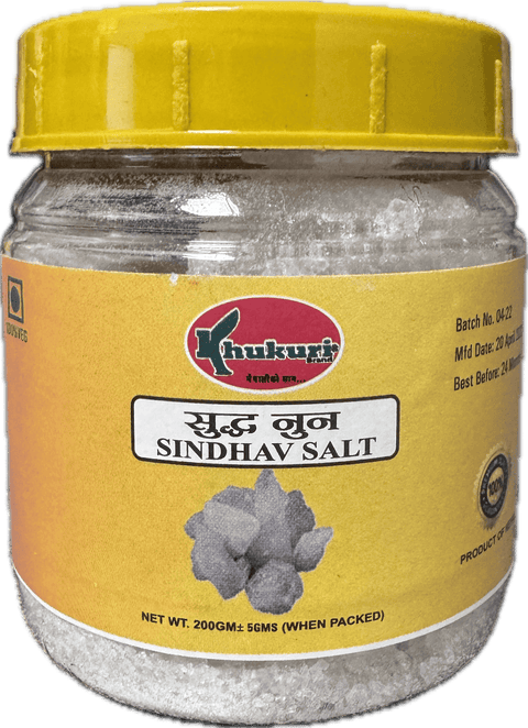 A plastic bottle of Sindhav Salt from Khukuri of 200g