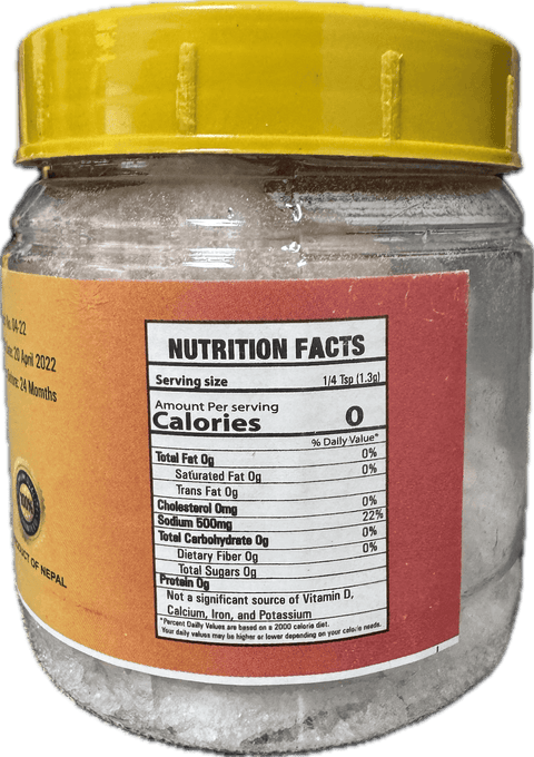 A plastic bottle of Sindhav Salt from Khukuri of 200g with nutrition facts