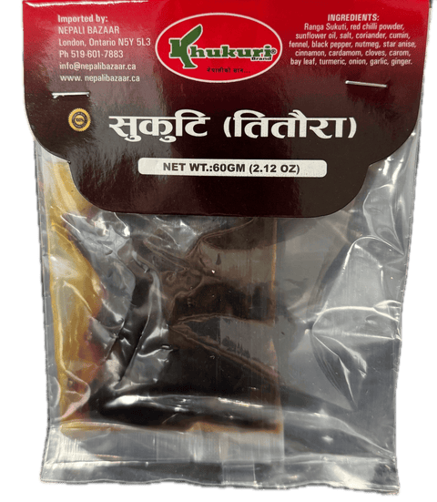 A packet of Sukuti Titaura from Khukuri of 60g