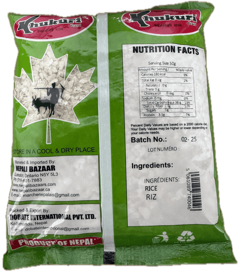 A packet of White Beaten Rice of 750g showing nutrition facts